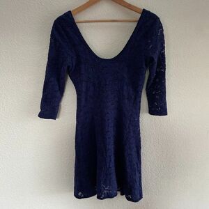 Free People Katya 3/4 Sleeve Lace Navy Blue Mini Fit And Flare Dress Small